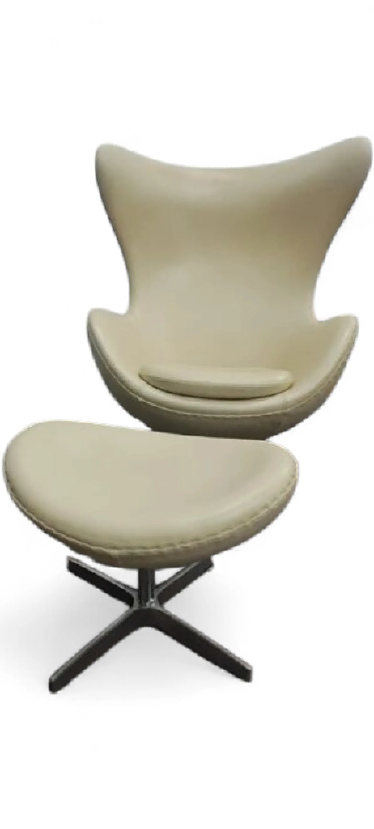 Swivel leather Egg armchair with ottoman. Ivory white. 1970s 6