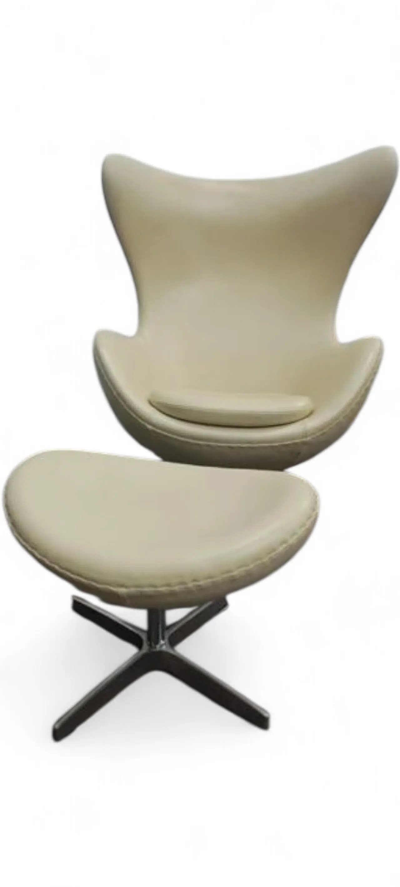 Swivel leather Egg armchair with ottoman. Ivory white. 1970s 7