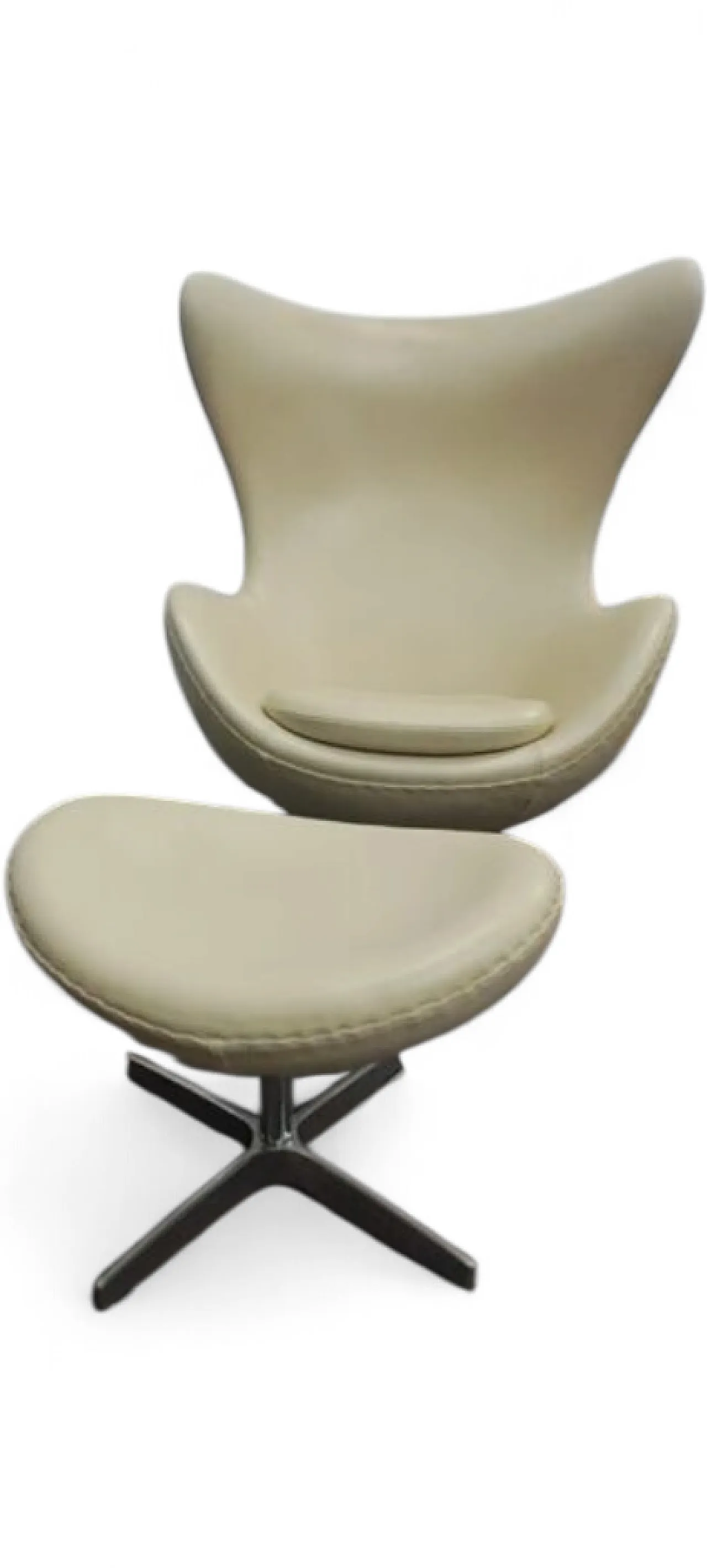 Swivel leather Egg armchair with ottoman. Ivory white. 1970s 8