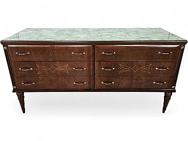Vintage six-drawer oak chest of drawers with glass top, 1960