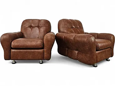Pair of brown leather armchairs, Italian design, 1970s