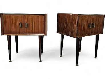1960s walnut-clad bedside tables with glass tops