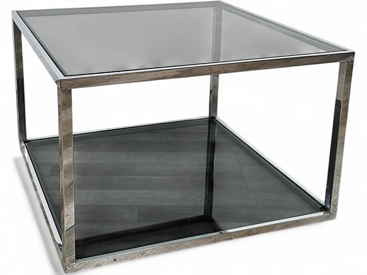 1970s steel coffee table with two smoked glass shelves 13