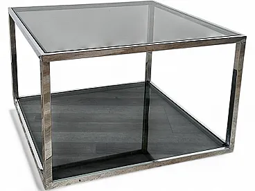 1970s steel coffee table with two smoked glass shelves