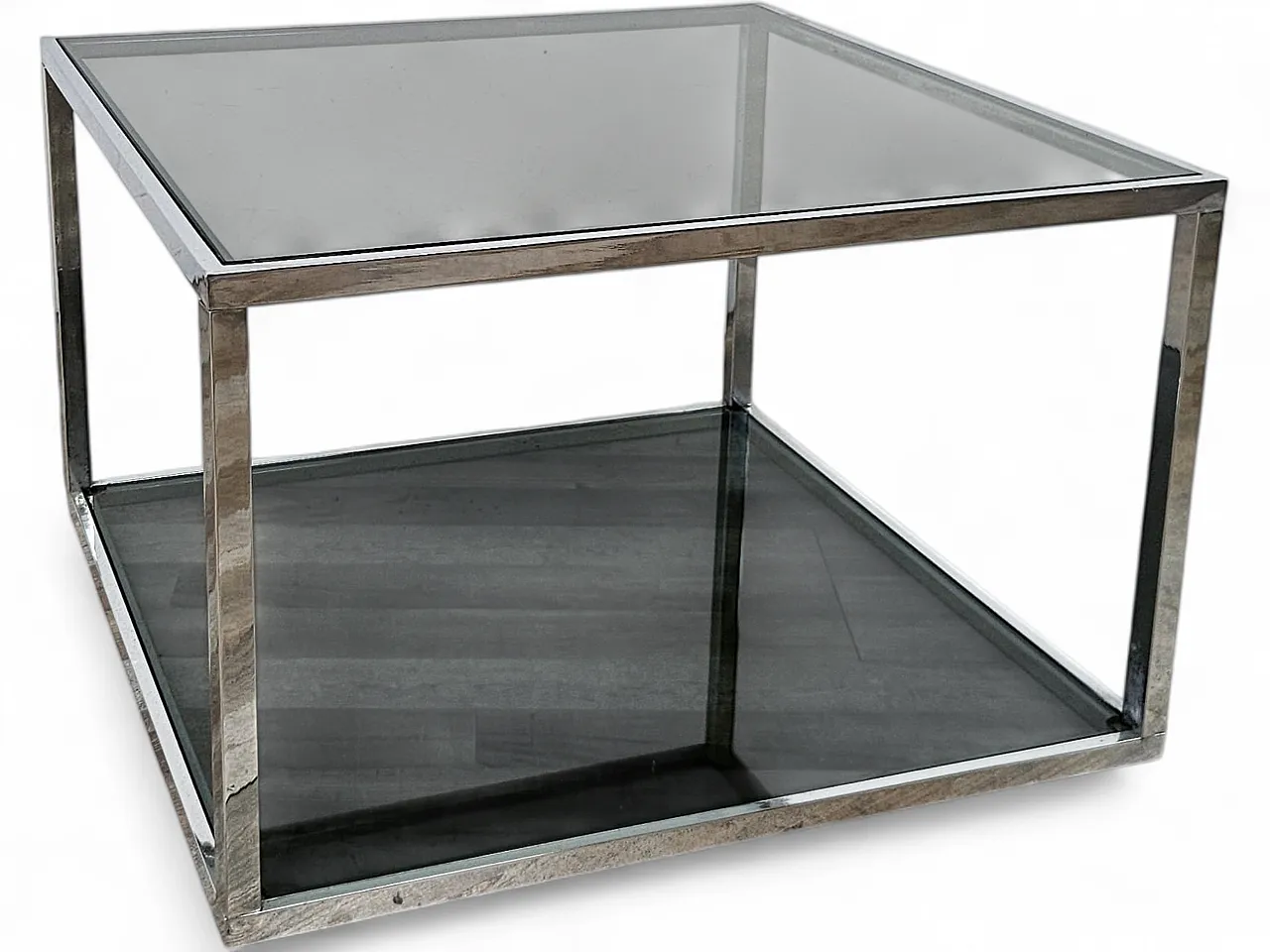 1970s steel coffee table with two smoked glass shelves 14