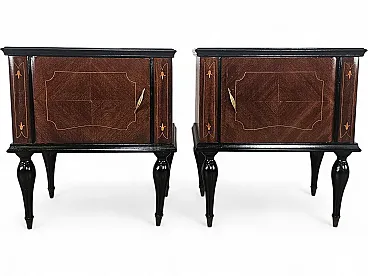1960s mahogany burl bedside tables with glass top