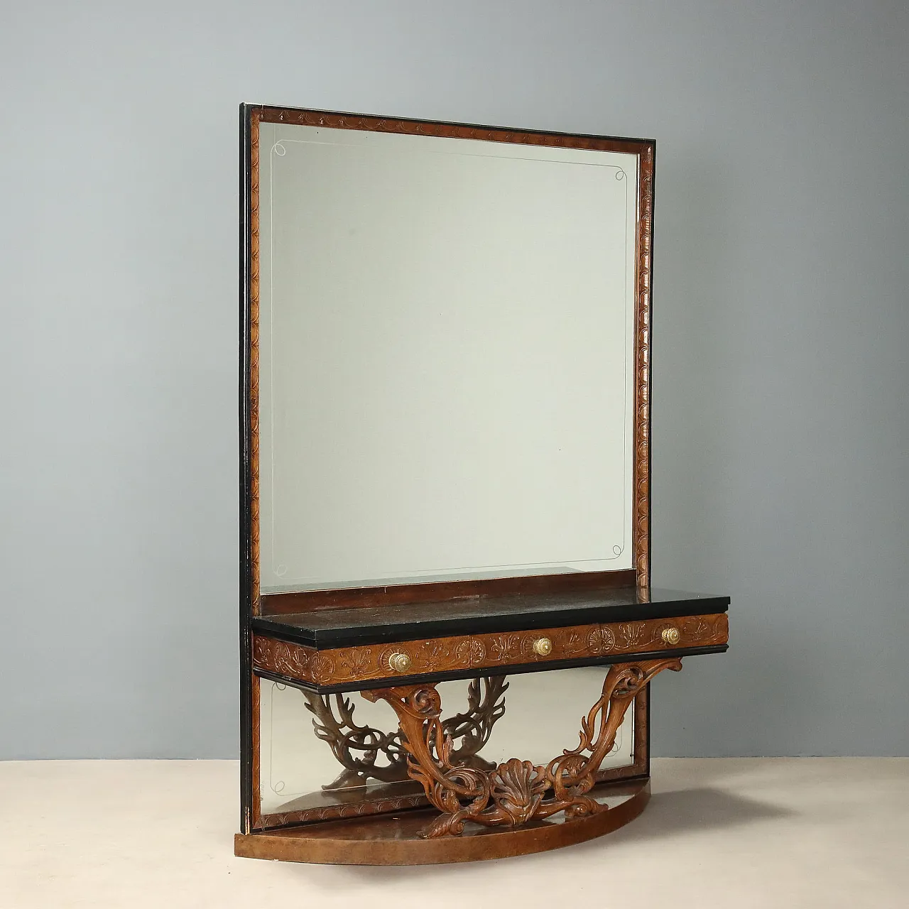 Console with mirror in walnut and serpentine marble, 20th century 1