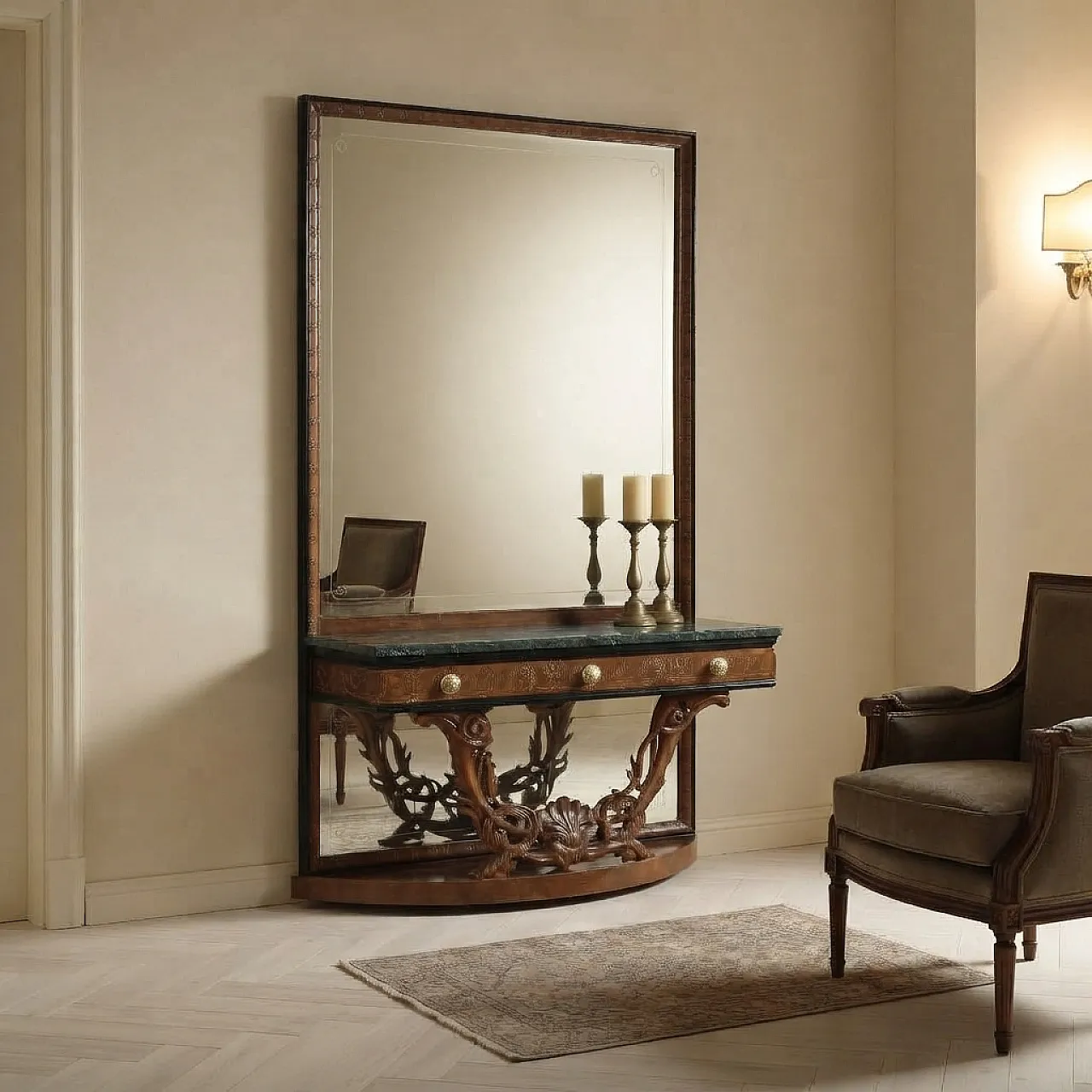 Console with mirror in walnut and serpentine marble, 20th century 2