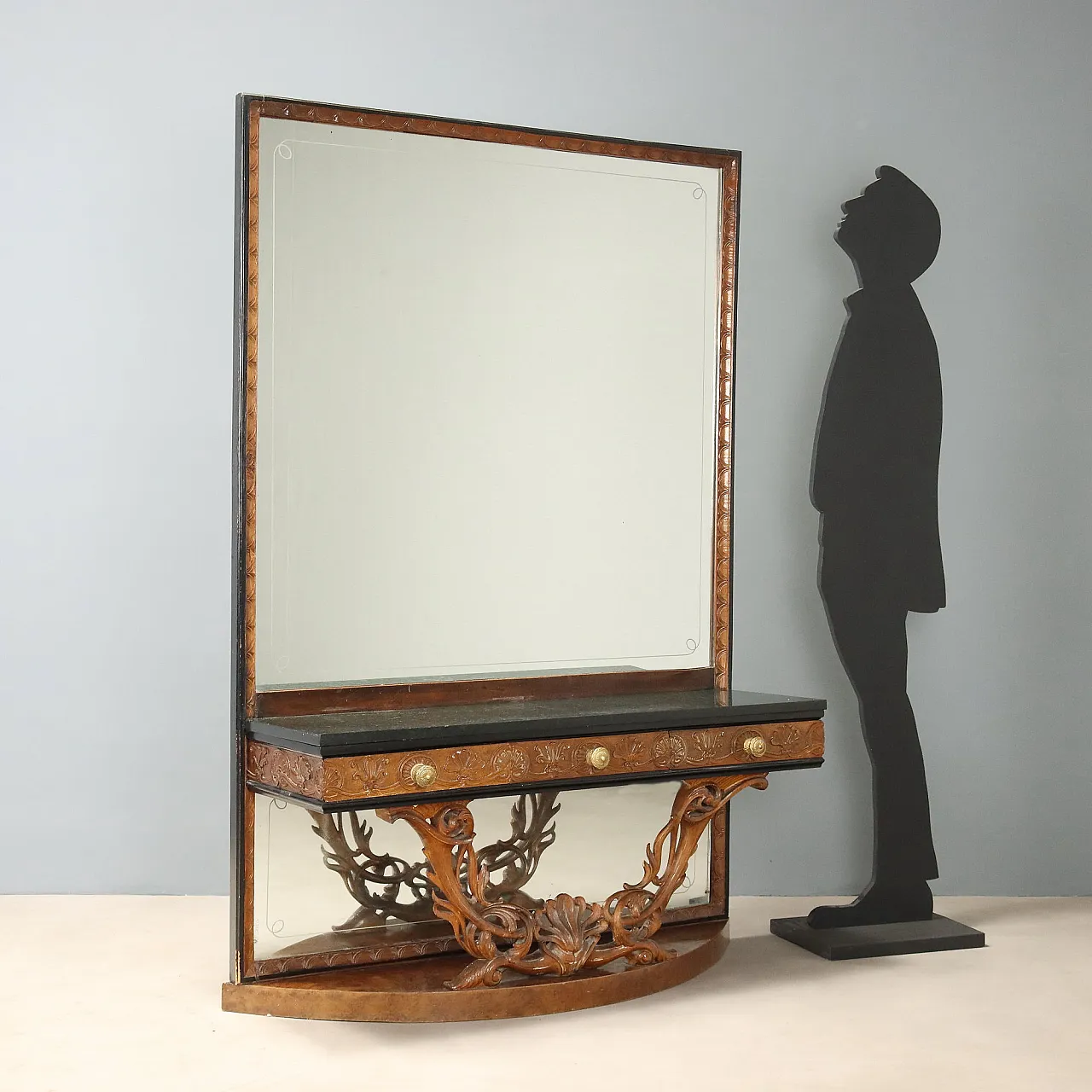 Console with mirror in walnut and serpentine marble, 20th century 3
