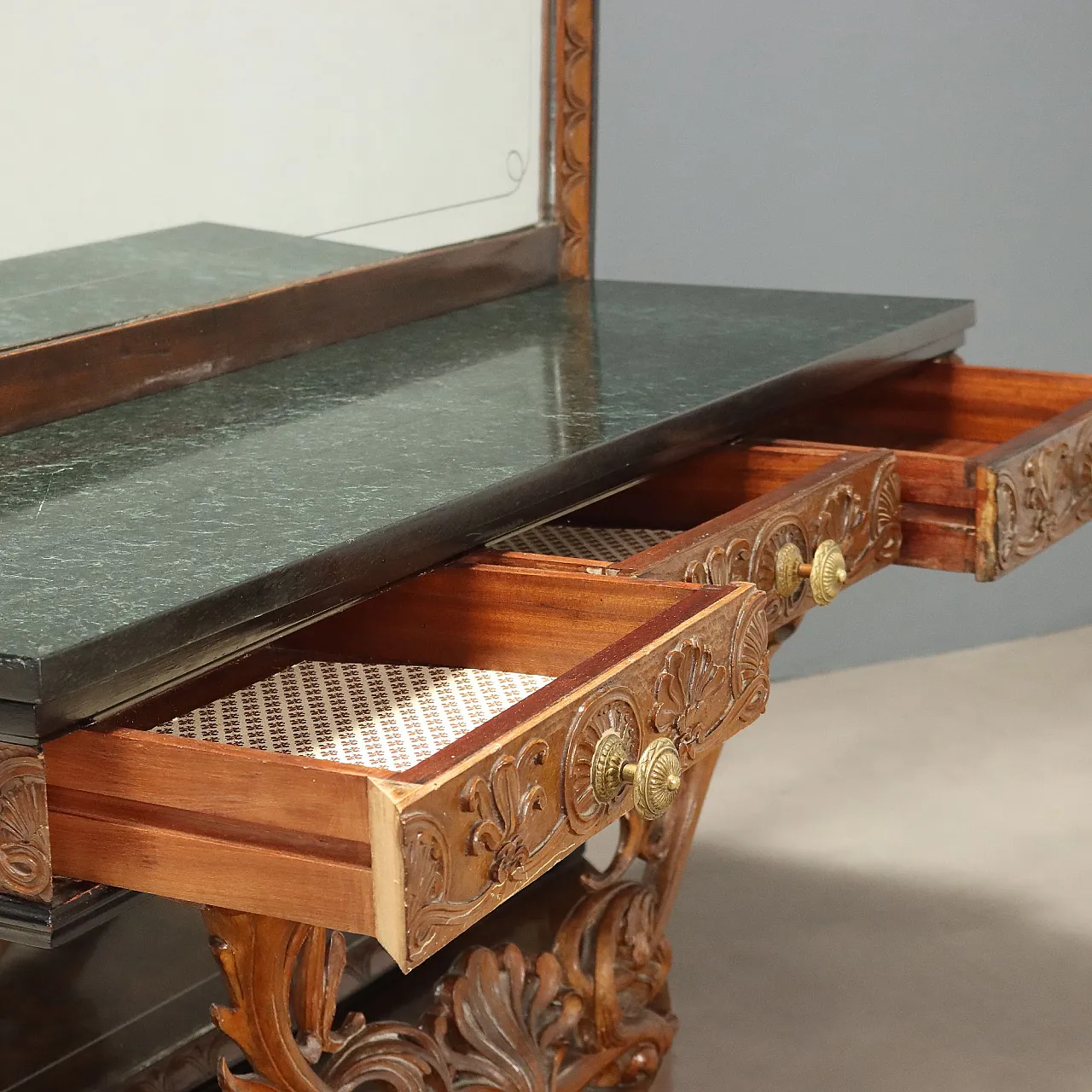 Console with mirror in walnut and serpentine marble, 20th century 4