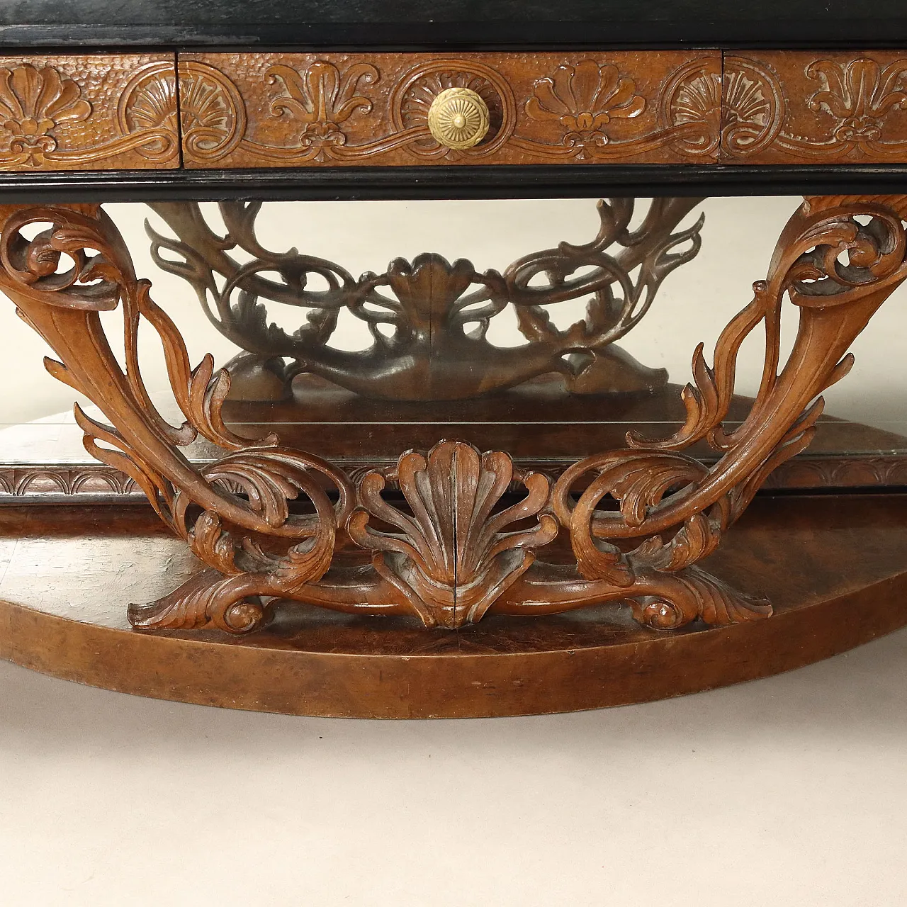 Console with mirror in walnut and serpentine marble, 20th century 7