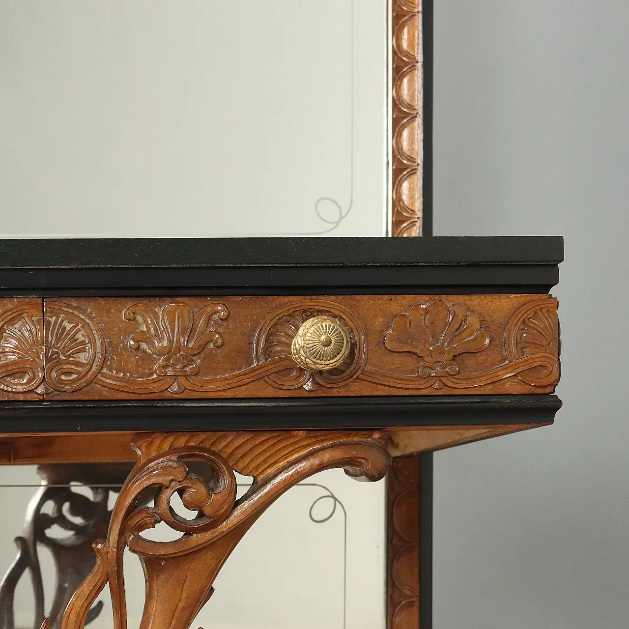 Console with mirror in walnut and serpentine marble, 20th century 8