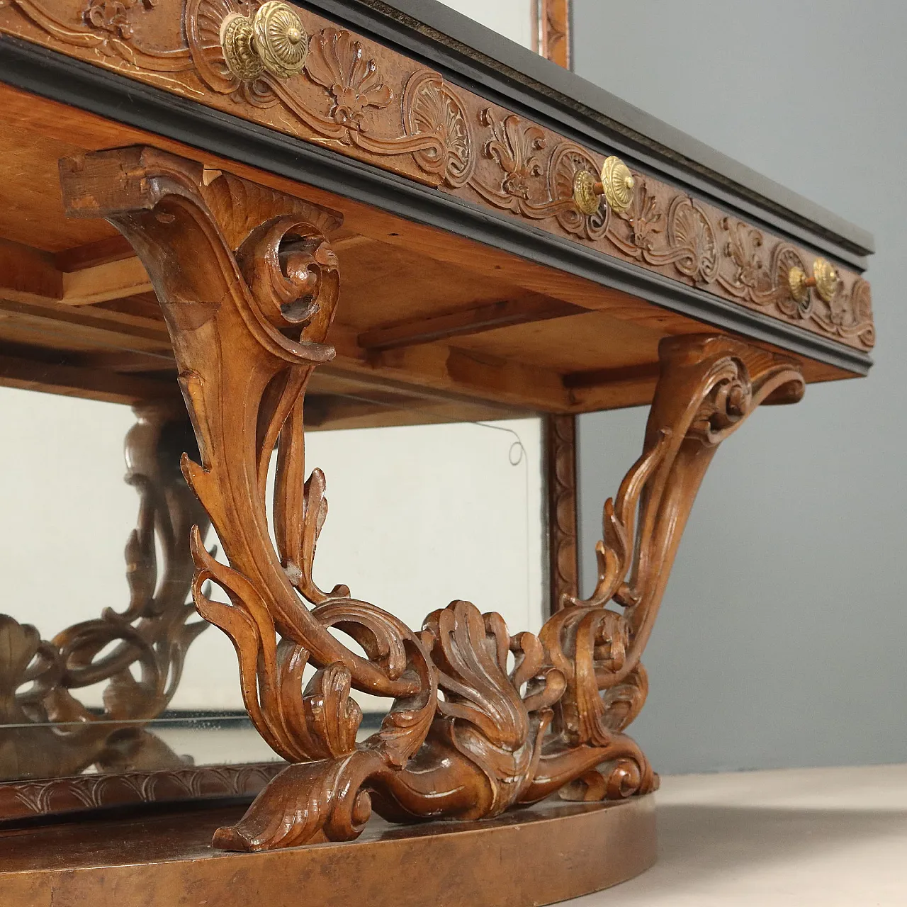 Console with mirror in walnut and serpentine marble, 20th century 9
