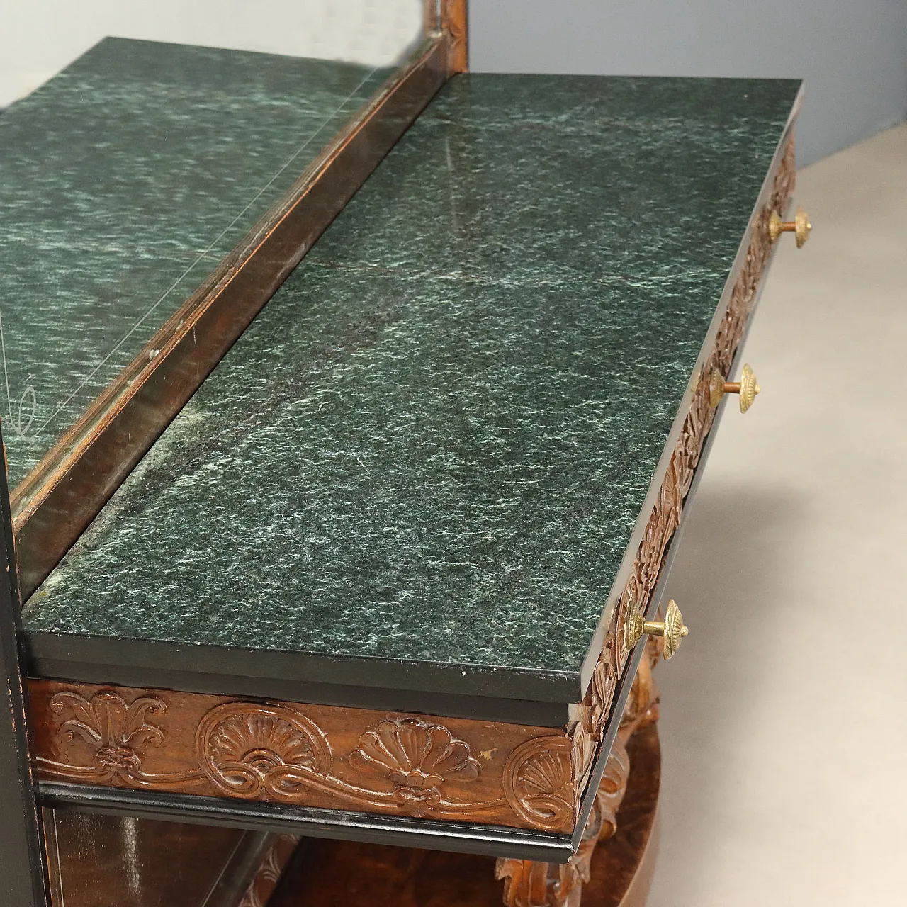 Console with mirror in walnut and serpentine marble, 20th century 10