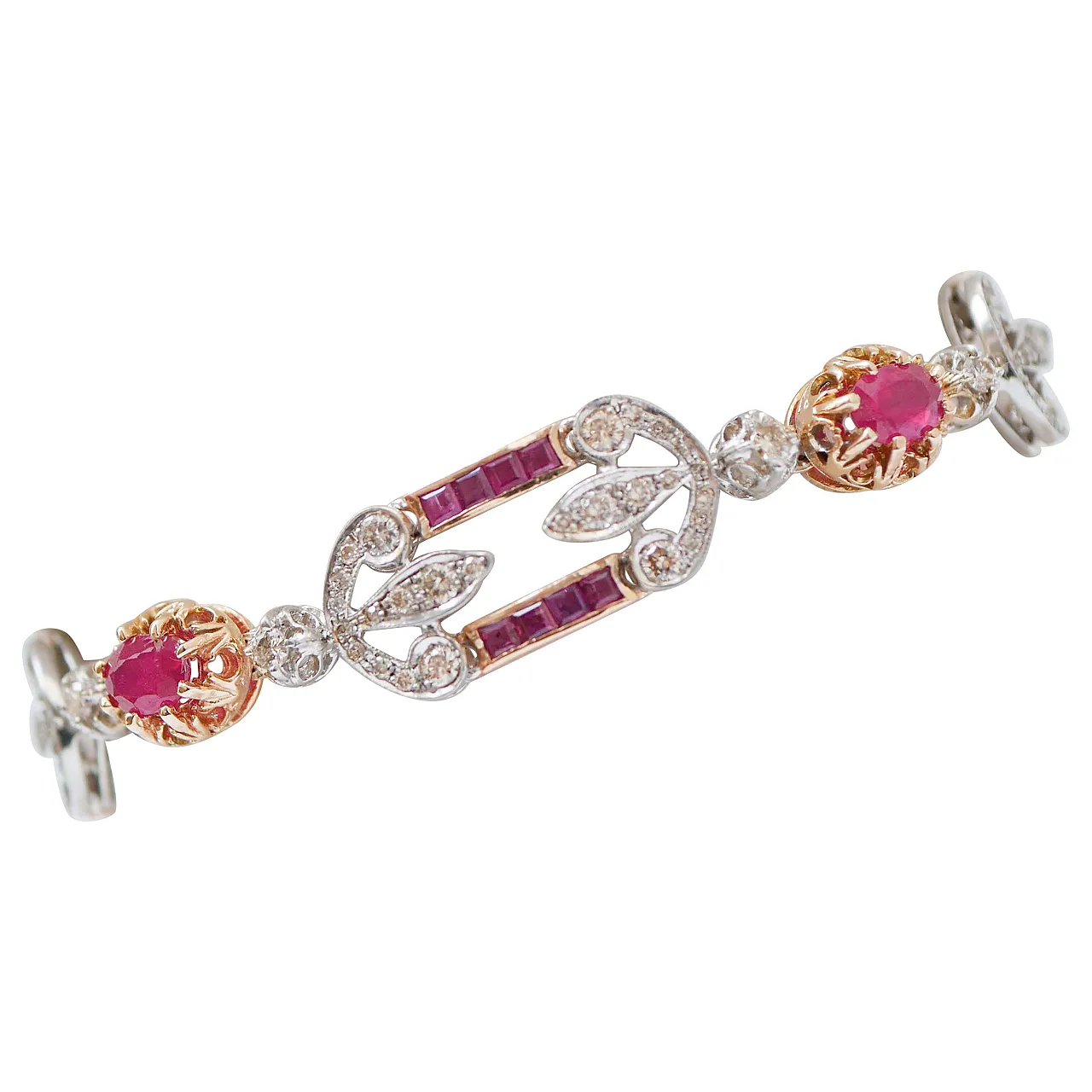 Rubies, diamonds, 14 karat rose gold and silver bracelet, 1970s 1