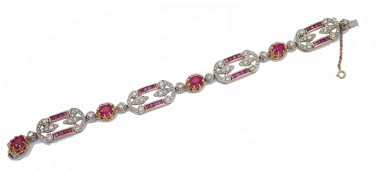 Rubies, diamonds, 14 karat rose gold and silver bracelet, 1970s 2