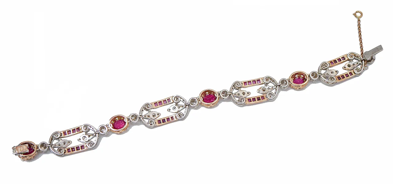 Rubies, diamonds, 14 karat rose gold and silver bracelet, 1970s 3
