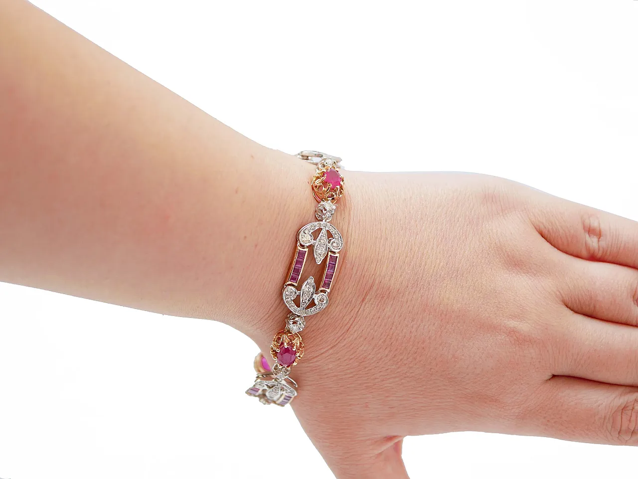 Rubies, diamonds, 14 karat rose gold and silver bracelet, 1970s 4