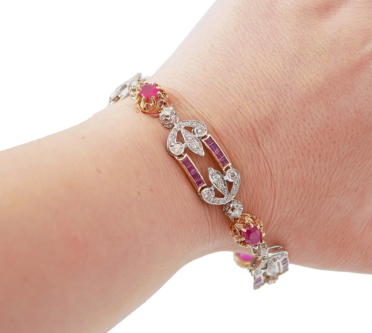 Rubies, diamonds, 14 karat rose gold and silver bracelet, 1970s 5