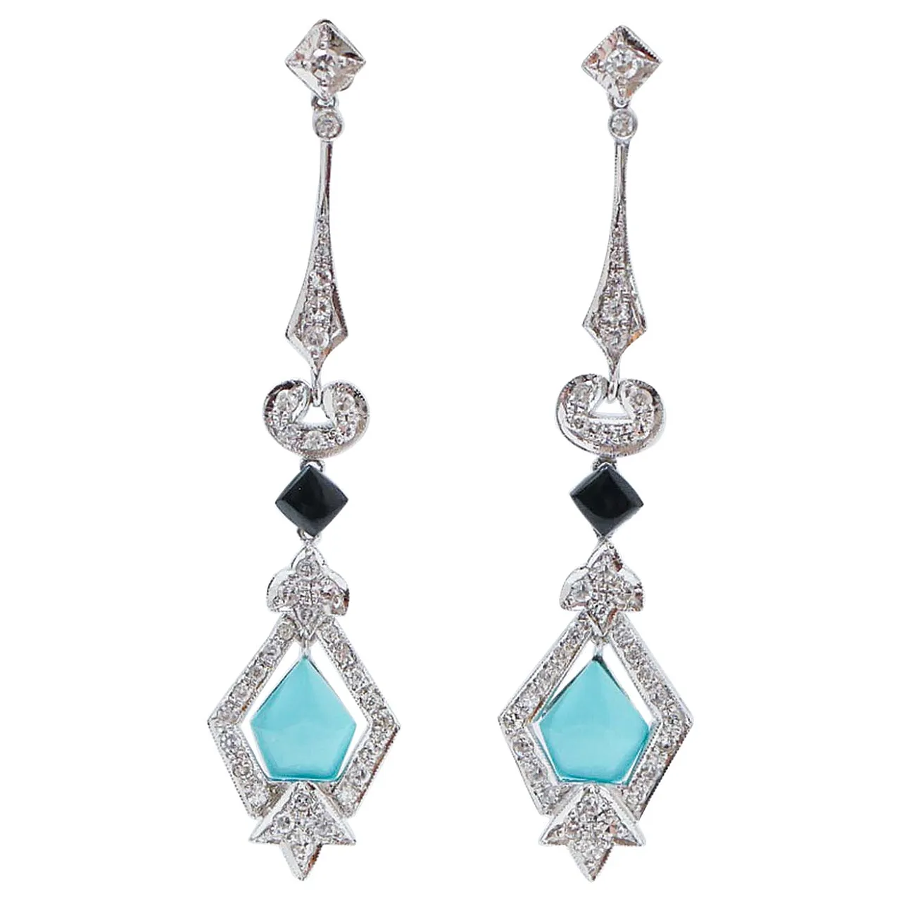 Turquoise, black agate, diamonds, platinum earrings, 1970s 1