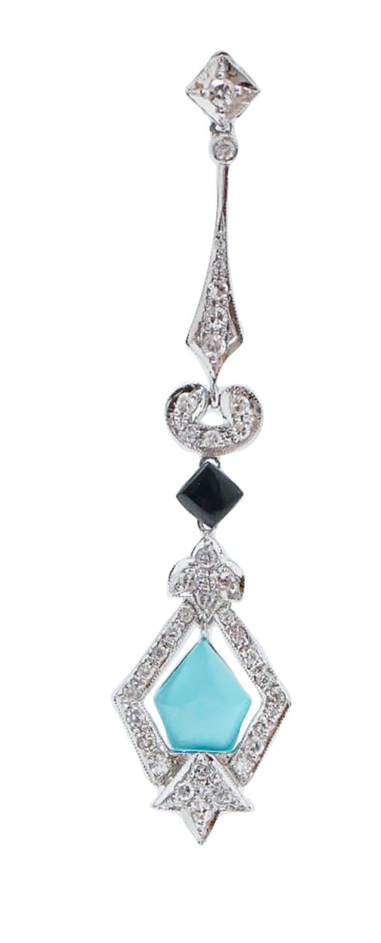 Turquoise, black agate, diamonds, platinum earrings, 1970s 2