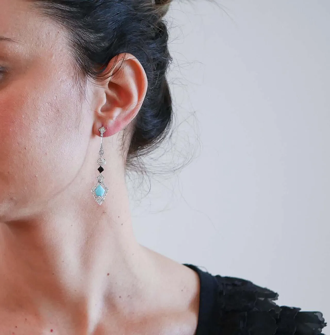 Turquoise, black agate, diamonds, platinum earrings, 1970s 4
