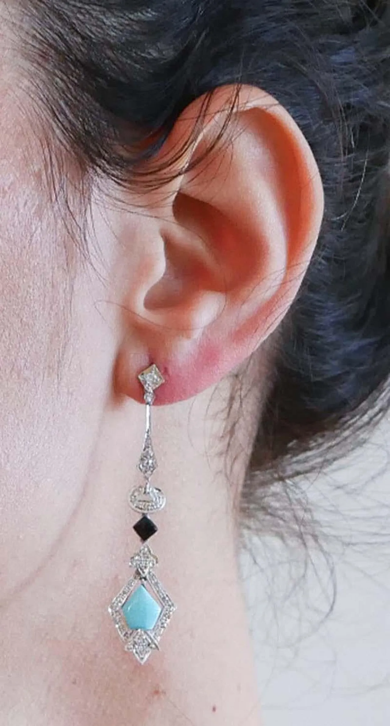 Turquoise, black agate, diamonds, platinum earrings, 1970s 5