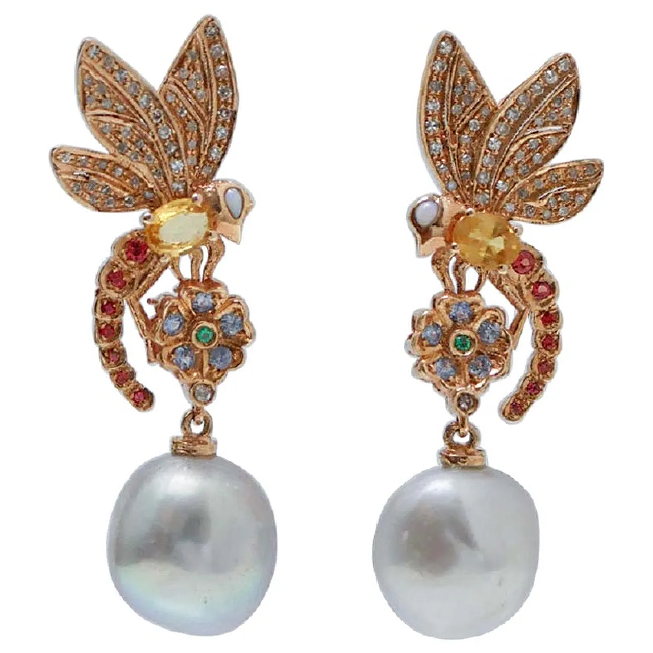 Gray pearls, sapphires, diamonds, opals, 14 Kt  gold earrings, 1970s 1