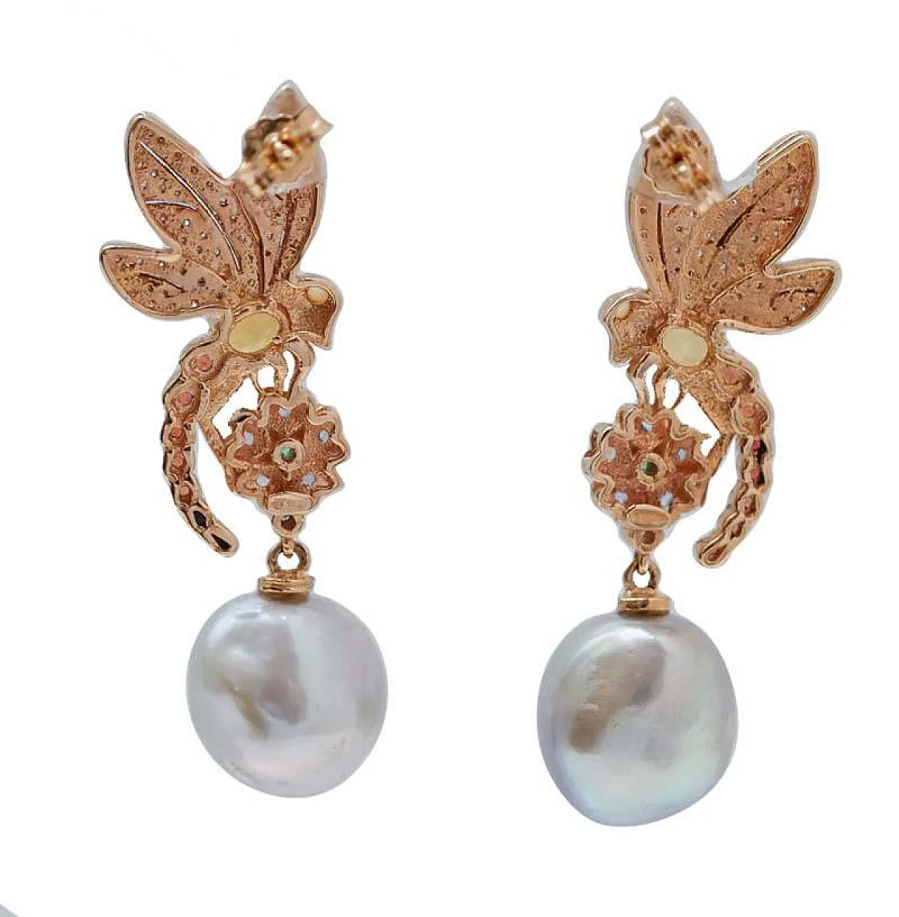 Gray pearls, sapphires, diamonds, opals, 14 Kt  gold earrings, 1970s 3