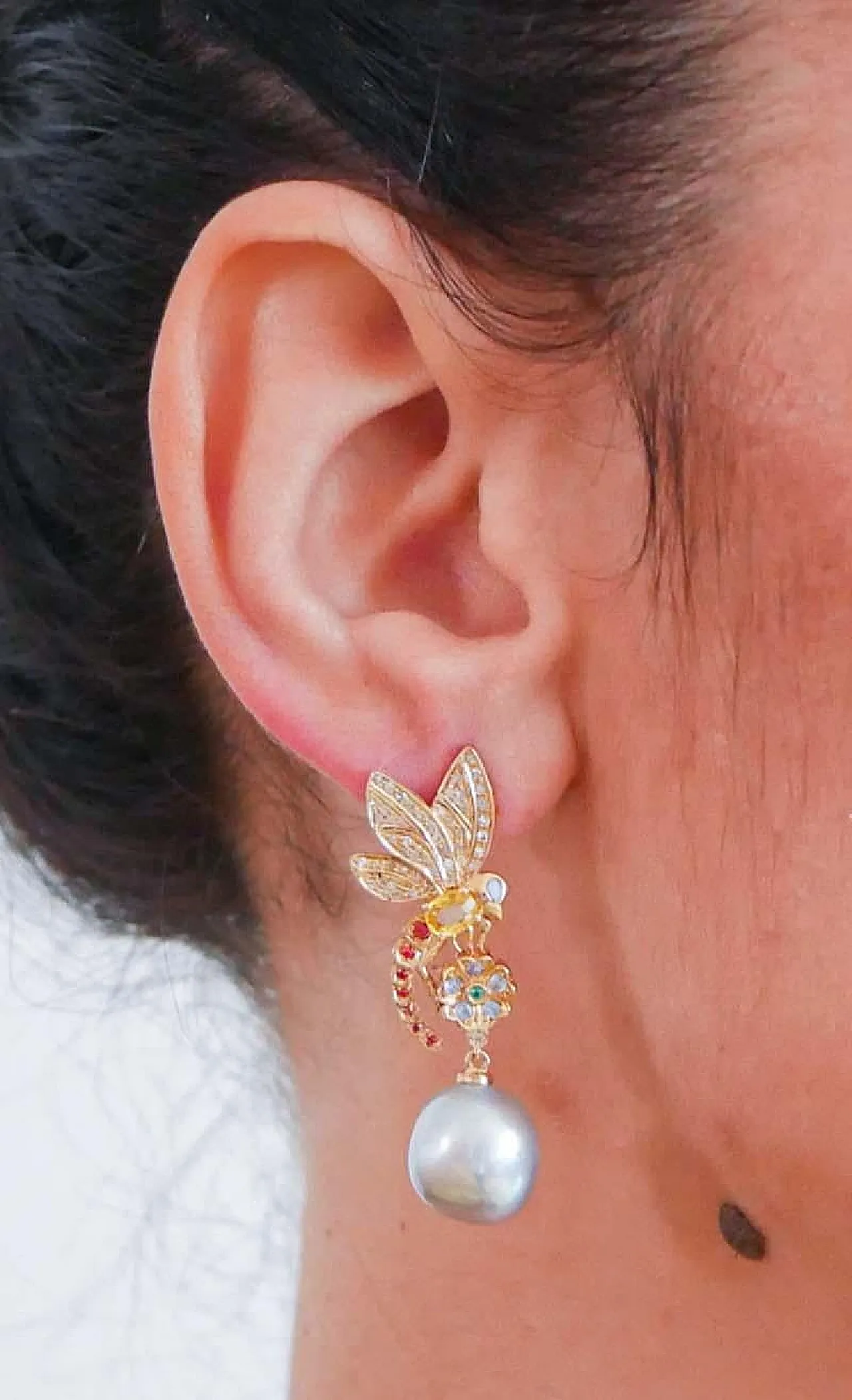 Gray pearls, sapphires, diamonds, opals, 14 Kt  gold earrings, 1970s 5