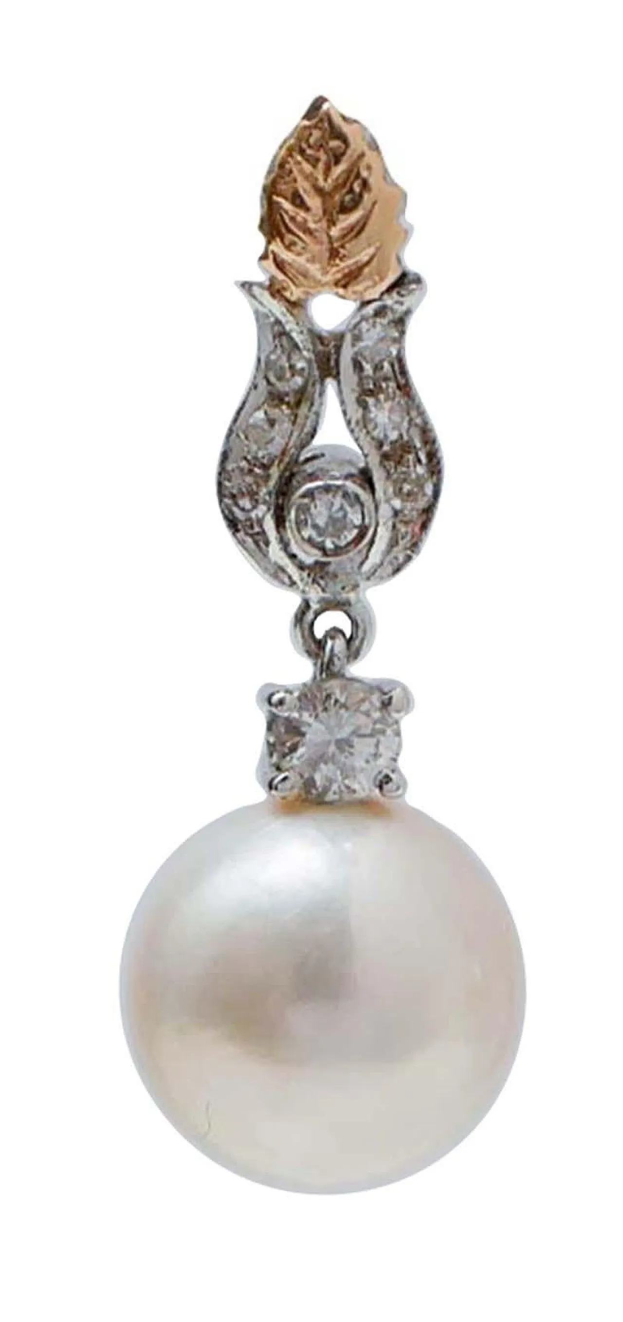 Pearls, diamonds, 14 karat white gold and rose gold earrings, 1970s 2