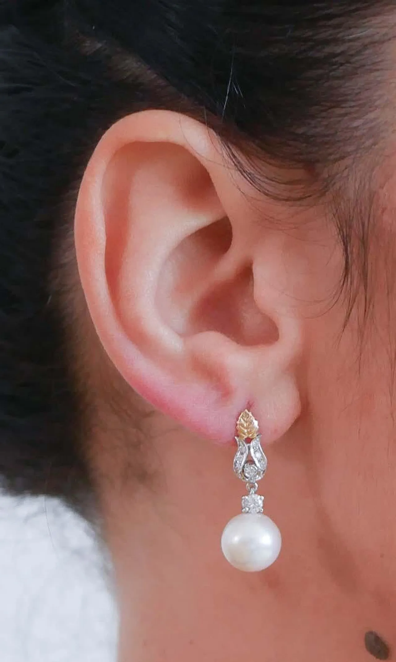 Pearls, diamonds, 14 karat white gold and rose gold earrings, 1970s 5