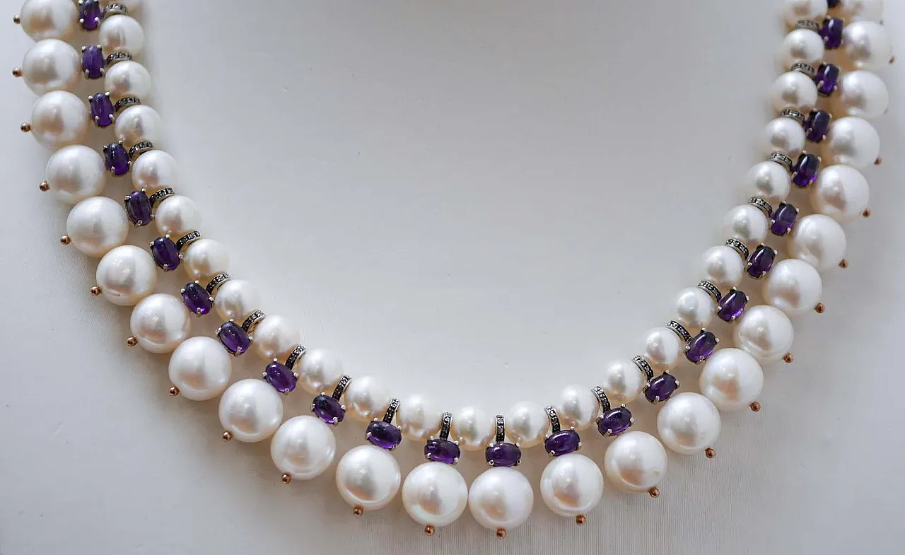 Pearls, amethysts, diamonds, rose gold and silver necklace, 1970s 2