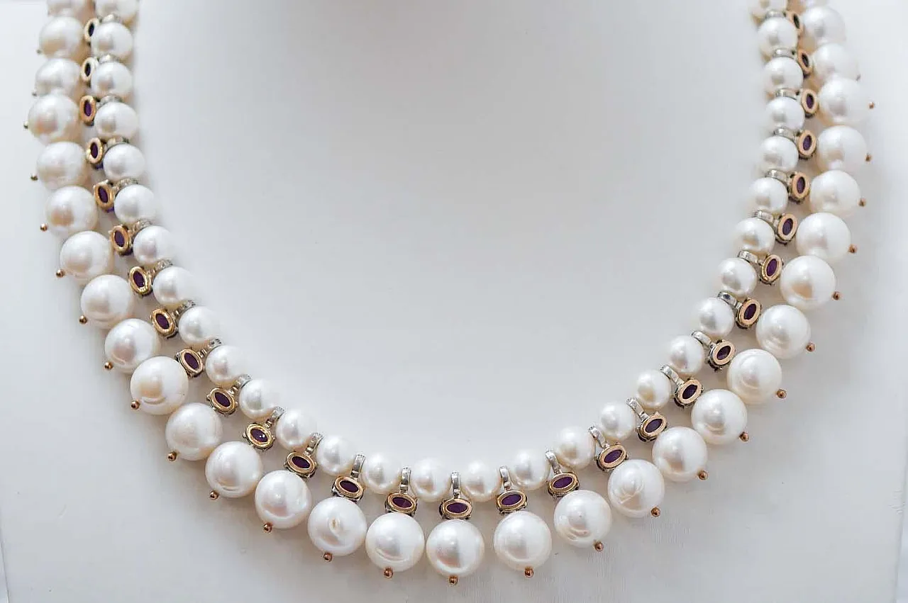 Pearls, amethysts, diamonds, rose gold and silver necklace, 1970s 3