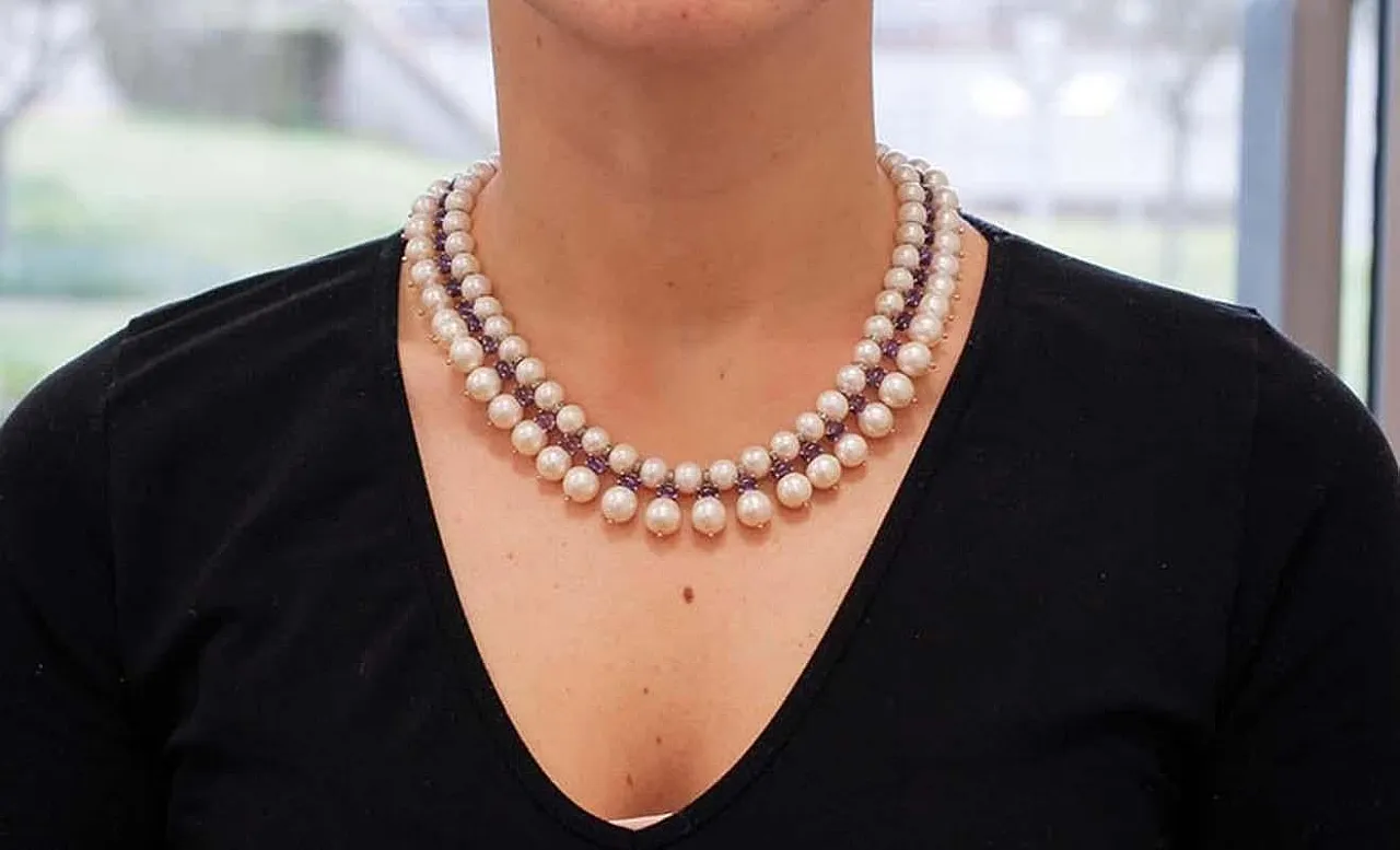 Pearls, amethysts, diamonds, rose gold and silver necklace, 1970s 5