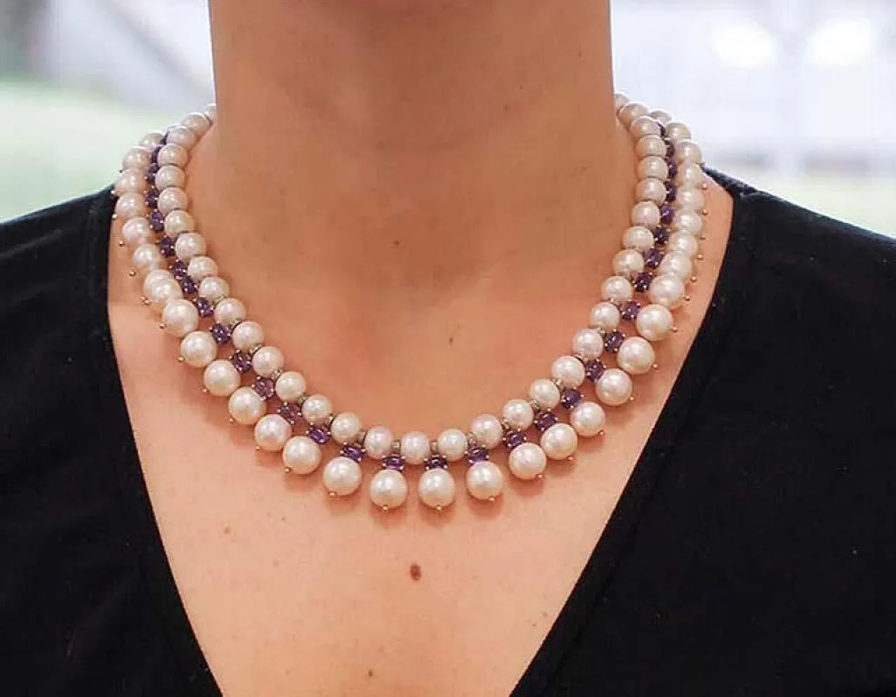 Pearls, amethysts, diamonds, rose gold and silver necklace, 1970s 6