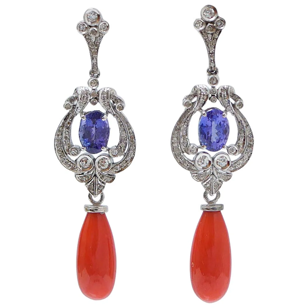 Coral, tanzanite, diamonds, 14 karat white gold earrings, 1980s 1
