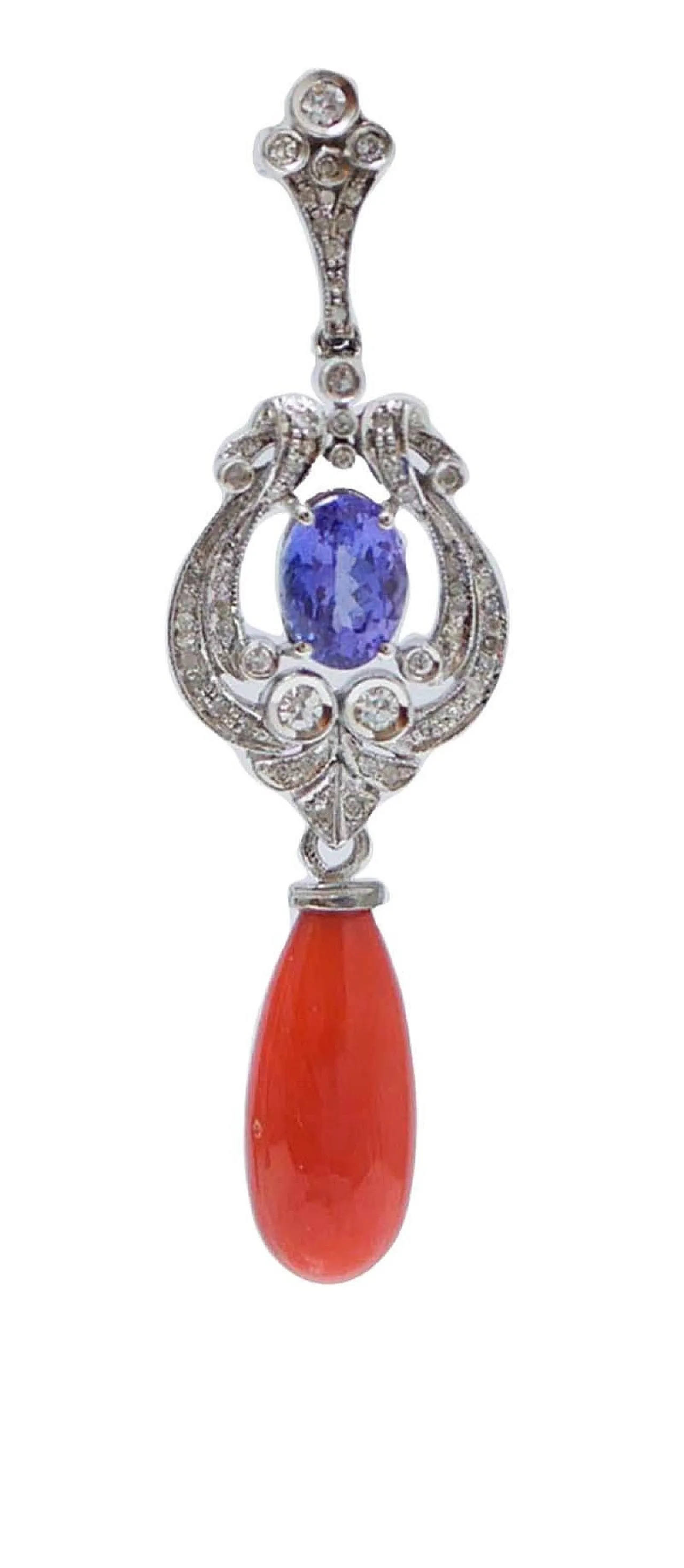 Coral, tanzanite, diamonds, 14 karat white gold earrings, 1980s 2