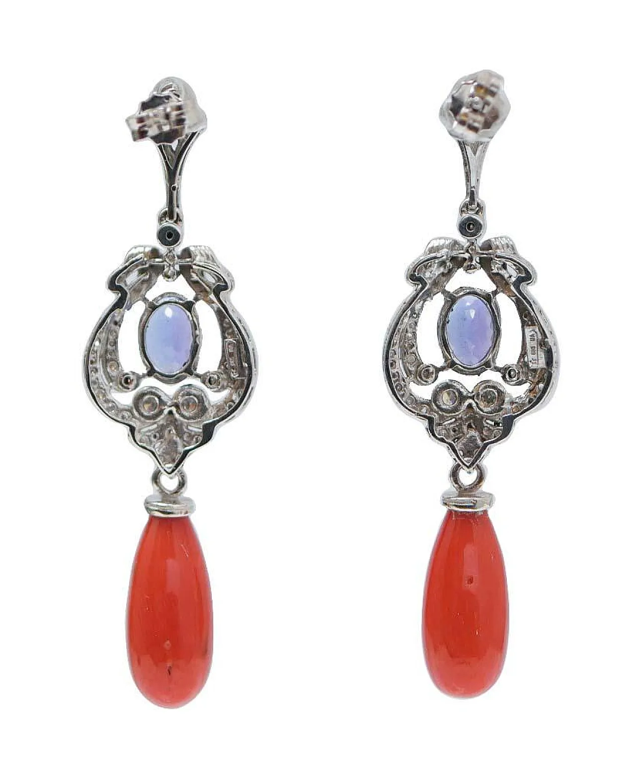 Coral, tanzanite, diamonds, 14 karat white gold earrings, 1980s 3