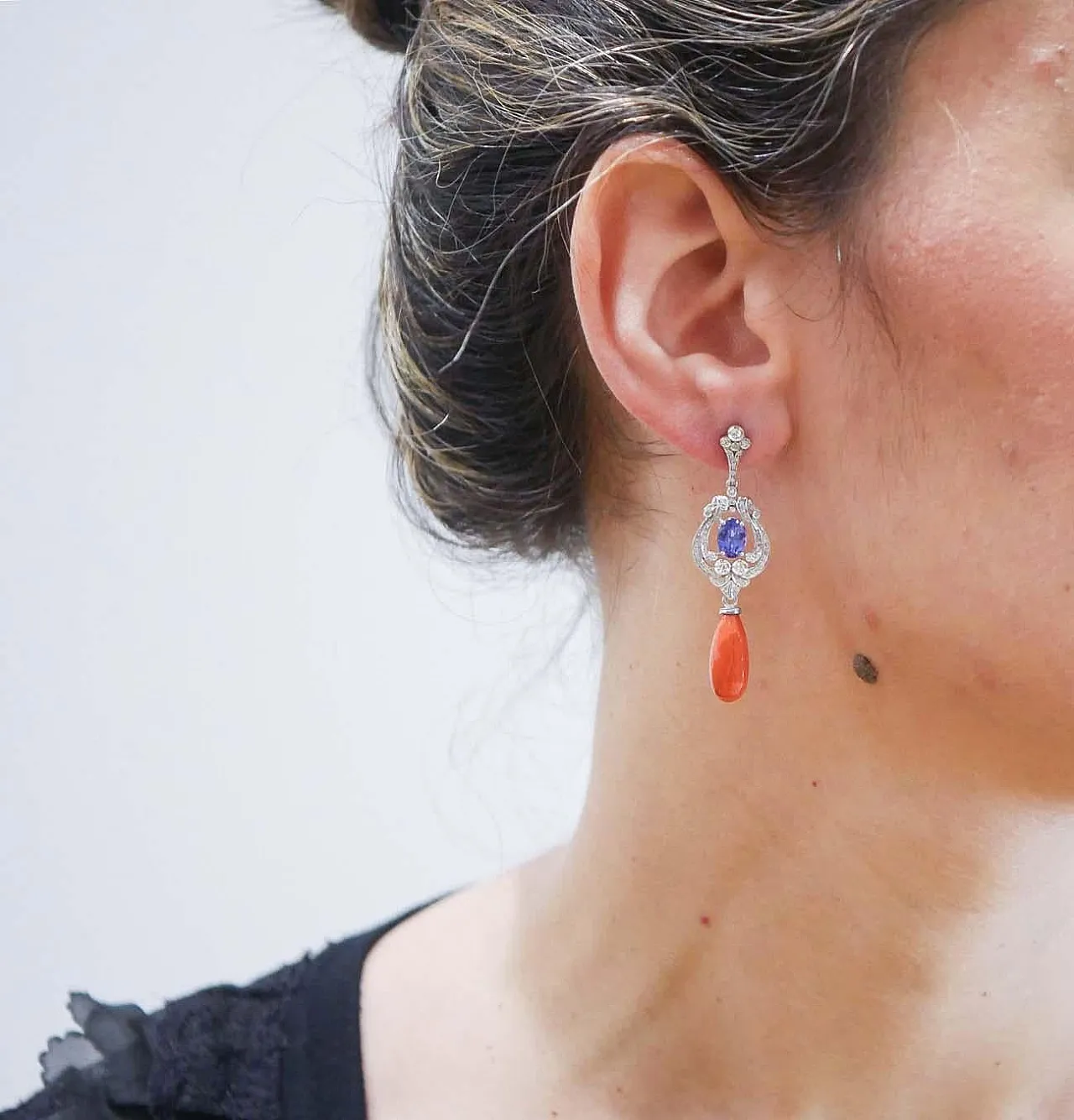 Coral, tanzanite, diamonds, 14 karat white gold earrings, 1980s 4