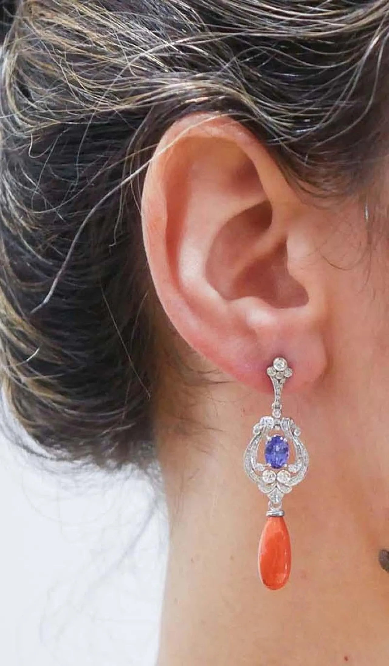 Coral, tanzanite, diamonds, 14 karat white gold earrings, 1980s 5