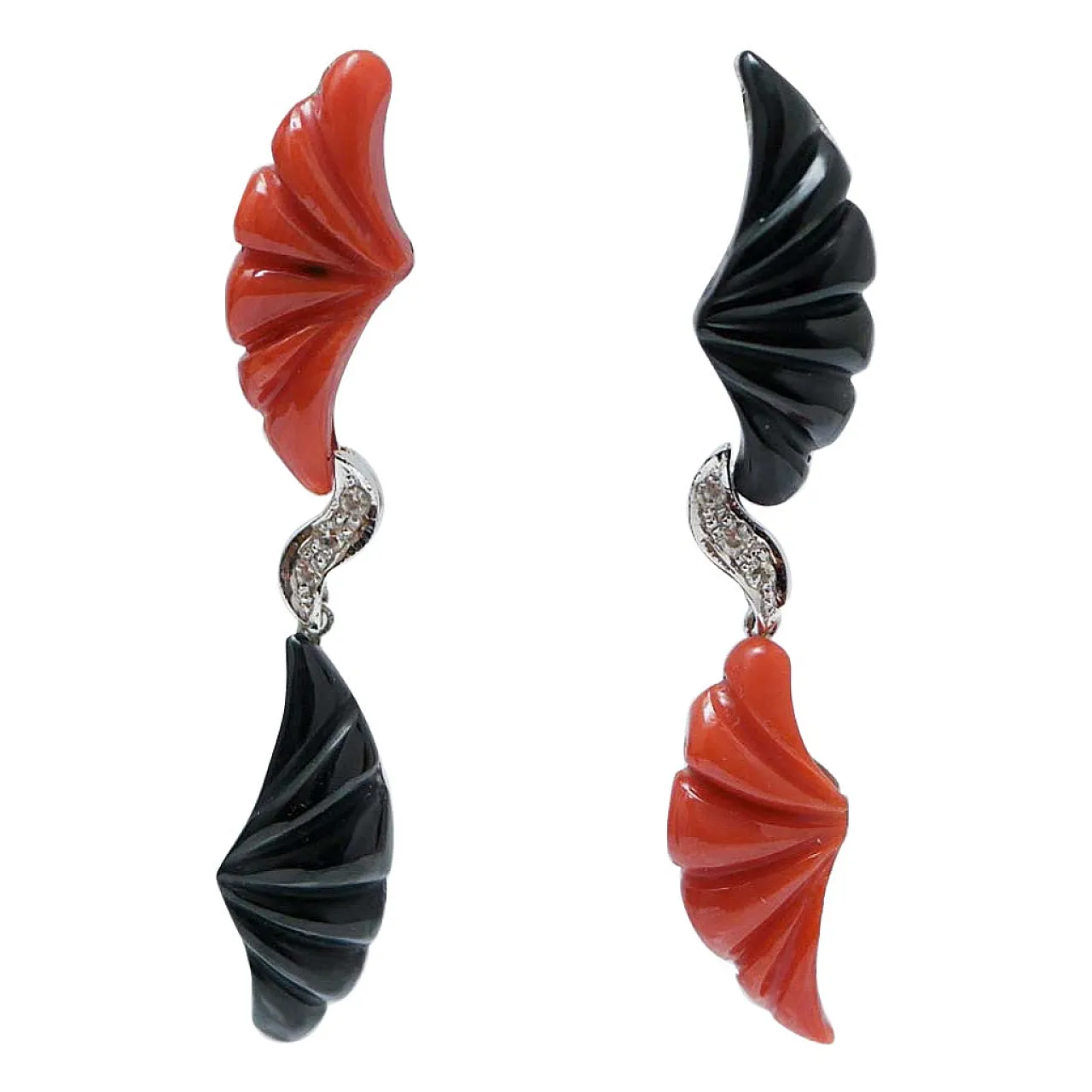 Coral, black agate, diamonds, platinum earrings, 1970s 1