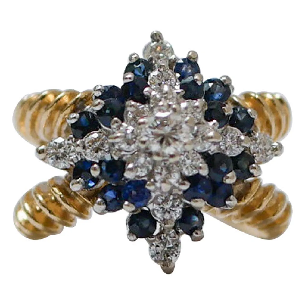 Sapphires, diamonds, 14 karat yellow gold ring, 1950s 1