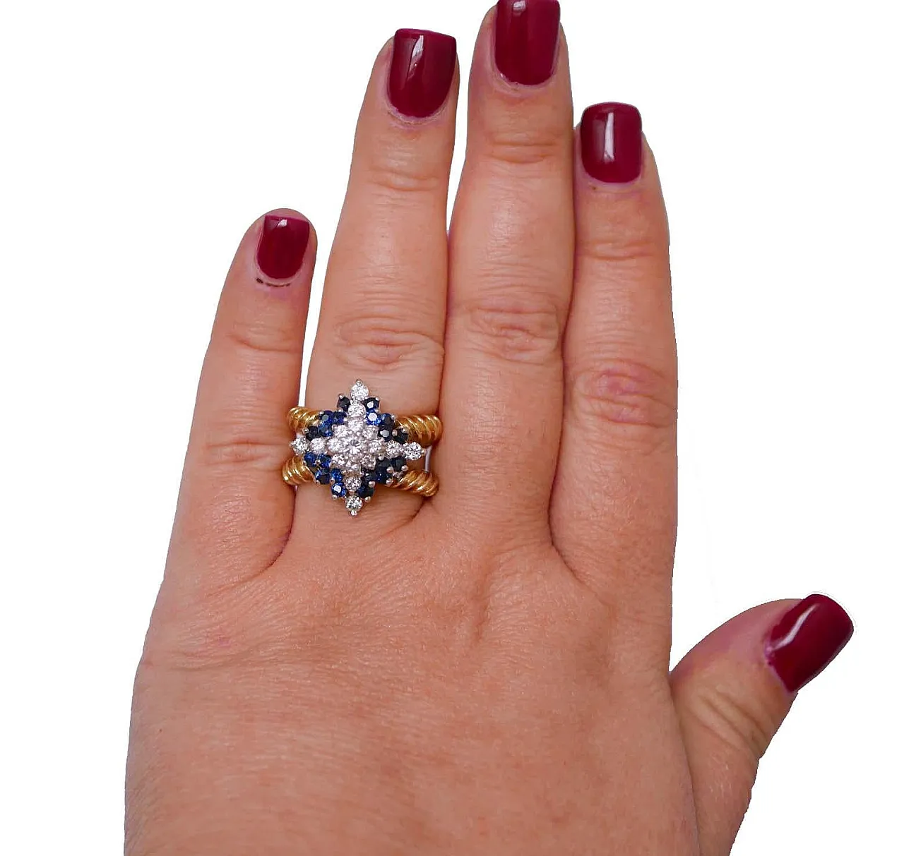 Sapphires, diamonds, 14 karat yellow gold ring, 1950s 4