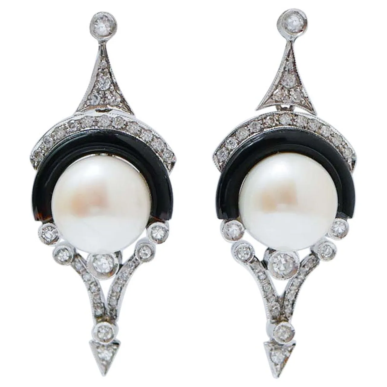 Pearls, black agate, diamonds, platinum earrings, 1970s 1