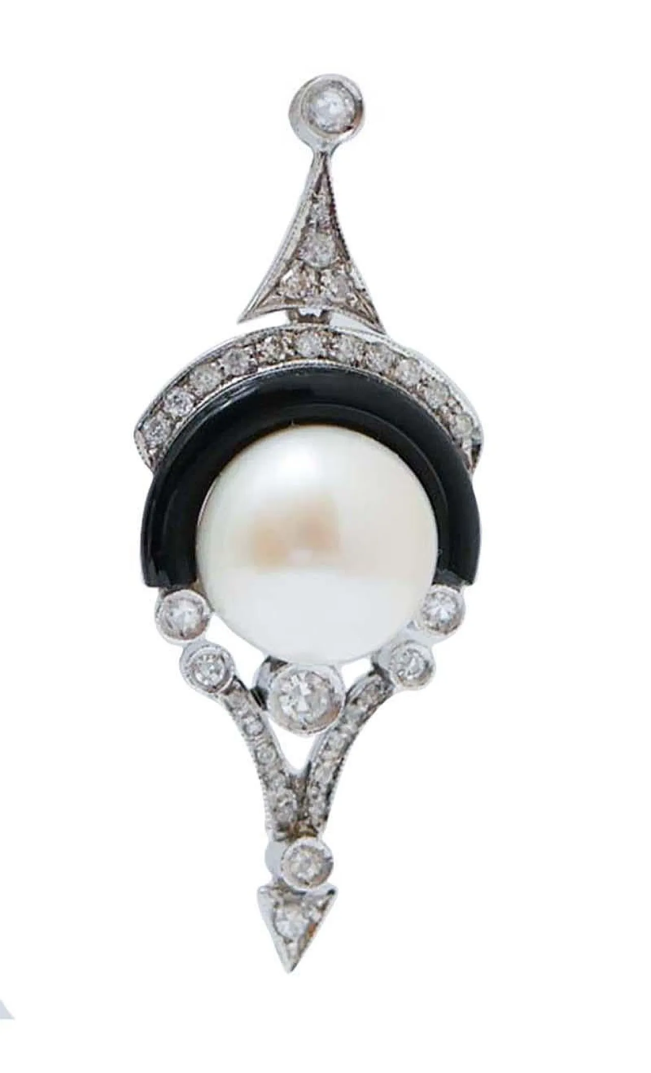 Pearls, black agate, diamonds, platinum earrings, 1970s 2