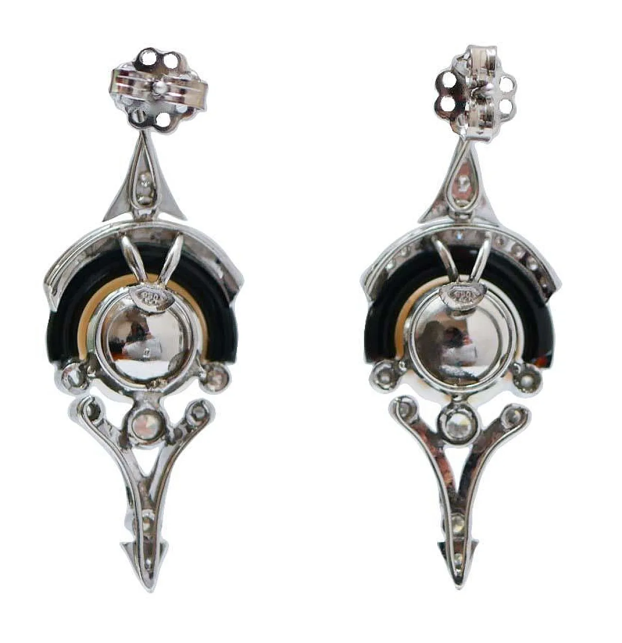 Pearls, black agate, diamonds, platinum earrings, 1970s 3