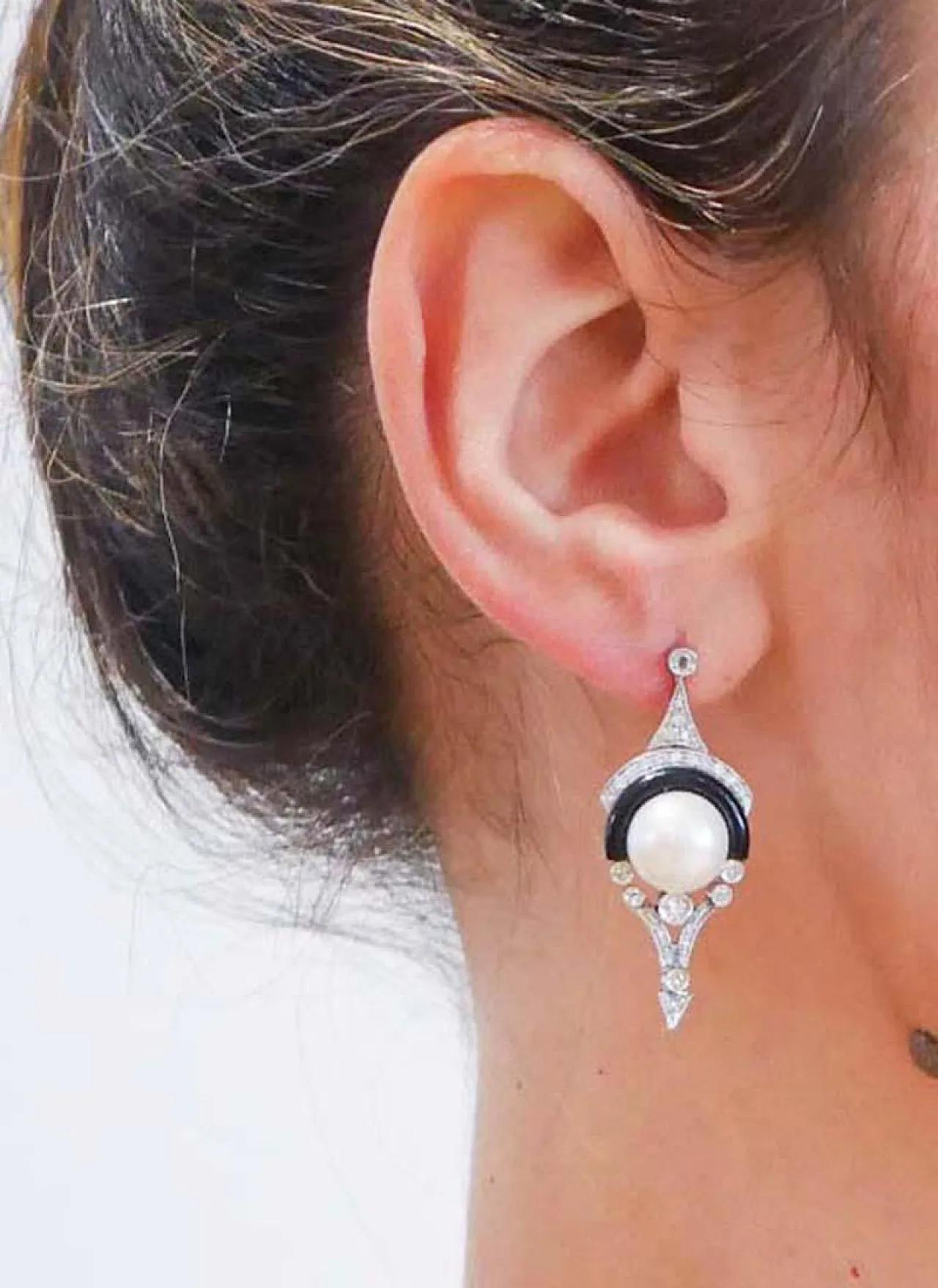 Pearls, black agate, diamonds, platinum earrings, 1970s 5