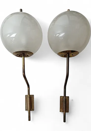 Pair of wall lamps in brass with etched glass sphere, 1950s