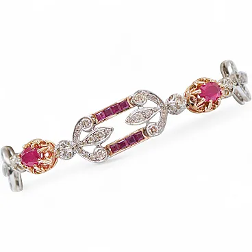 Rubies, diamonds, 14 karat rose gold and silver bracelet, 1970s